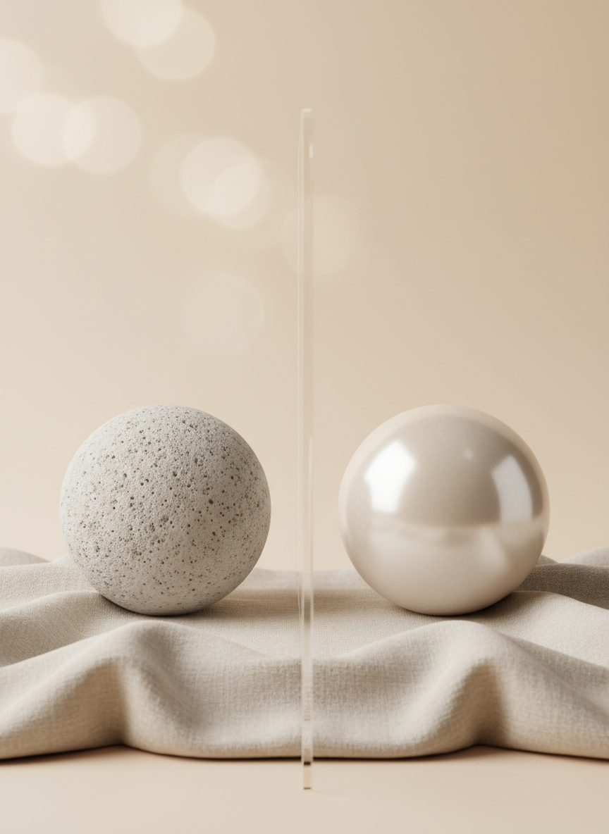 A refined photographic composition showing a conceptual “before and after” skincare result using non-human elements. On the left, a matte, slightly rough-textured stone sphere rests on a sand-colored linen cloth, its surface uneven and dull. On the right, an identical sphere appears smooth, luminous, and polished, catching soft highlights from diffused side lighting. A delicate vertical glass panel separates the two halves, suggesting transformation. The backdrop is a gradient of warm ivory to pale beige, with subtle bokeh suggesting a clinical yet spa-like environment. Shot straight-on with a centered composition and balanced symmetry, the mood is calm, precise, and reassuring, evoking the effect of expert, balanced skincare care without showing any faces or text.