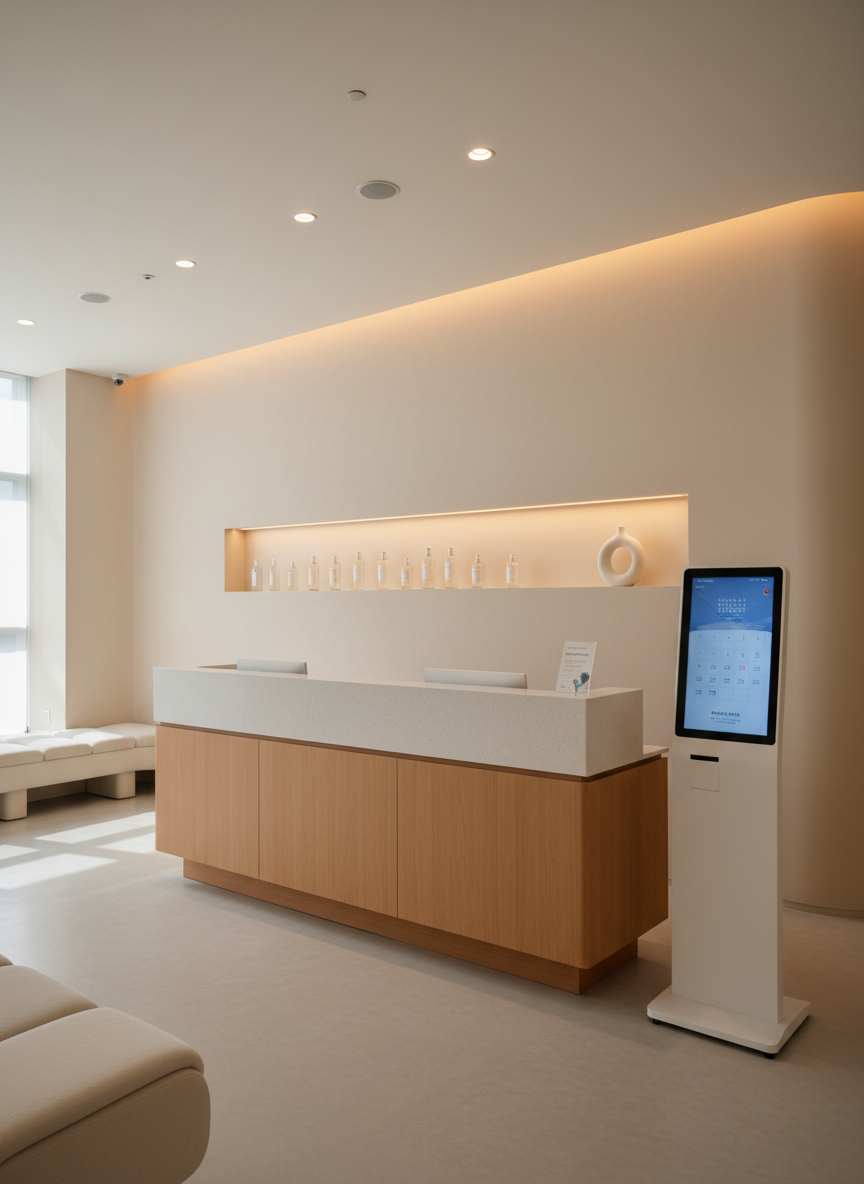 A sophisticated reception area of a premium Korean skincare clinic, captured in clean photographic realism. A minimalist floating reception desk in warm light wood with a seamless white stone top stands in front of a softly curved wall in creamy beige. Behind the desk, a gentle backlit niche displays simple, label-free skincare bottles and a single sculptural ceramic form. To the side, a discreet digital kiosk with an abstract calendar interface hints at online booking, its screen softly glowing. Natural daylight pours in from an unseen window, enhanced by warm recessed ceiling lights, creating layered, gentle illumination and soft shadows. Shot from a slightly elevated corner angle with balanced composition and clear depth, the mood is welcoming, polished, and tranquil, suggesting trust and premium care.