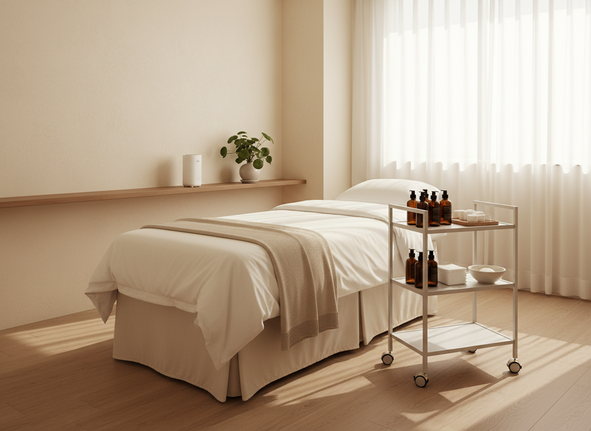 A serene premium skincare treatment room in a Korean aesthetic clinic, photographed in realistic detail. A plush cream-colored treatment bed with crisp white linens sits centered beneath a soft beige blanket, next to a sleek matte-white trolley neatly arranged with amber glass skincare bottles, soft cotton pads, and elegant ceramic bowls. The walls are warm ivory with subtle textured plaster, accented by a single low wooden shelf holding a minimalist diffuser and a small green plant. Diffused natural daylight filters through sheer white curtains, creating gentle highlights on metal accents and soft shadows on the oak floor. Shot at eye level with a slightly wide angle, sharp focus throughout, the mood is calm, refined, and sophisticated, embodying a quiet, luxurious sanctuary for skin balance and restoration.