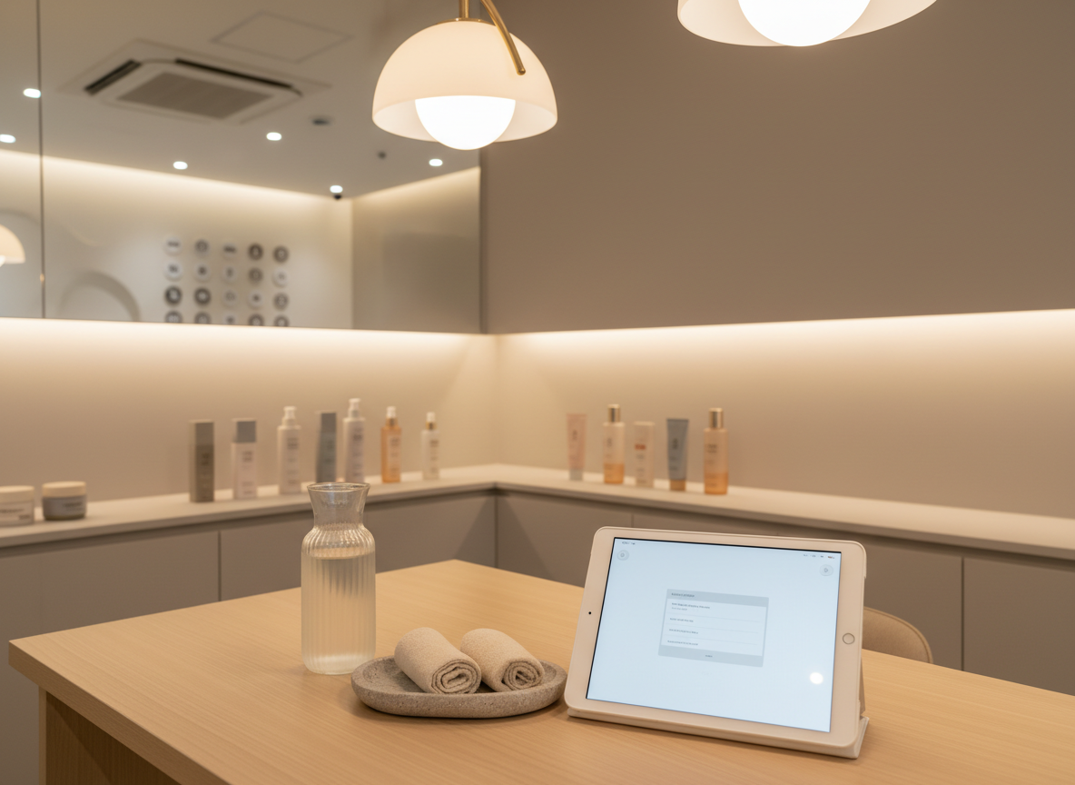A close-up photographic view of a beautifully arranged skincare consultation corner in a high-end Korean aesthetic spa. A smooth light-wood table holds an open, clean white tablet displaying an abstracted booking interface without readable text, beside a frosted-glass water carafe and a small stone tray with neatly folded beige towels. Elegant skincare bottles in soft neutral tones are lined with precision against a pale taupe wall. Soft overhead pendant lighting casts a warm, diffused glow, while hidden LED strip lighting along the wall creates a subtle halo effect. The background shows a softly blurred glimpse of a clinic interior and a hint of a minimalist social media icon wall, without logos or words. Captured from a slightly elevated angle, shallow depth of field, the atmosphere feels professional yet deeply soothing and personalized.