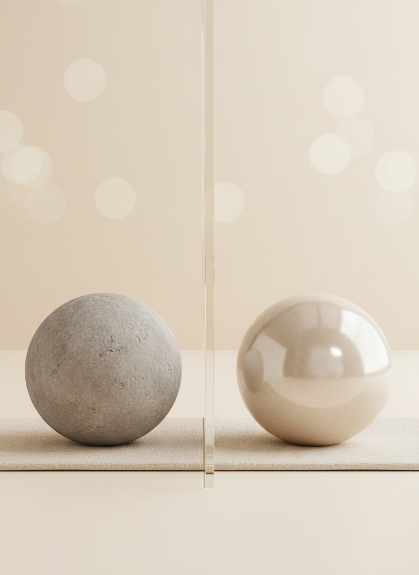 A refined photographic composition showing a conceptual “before and after” skincare result using non-human elements. On the left, a matte, slightly rough-textured stone sphere rests on a sand-colored linen cloth, its surface uneven and dull. On the right, an identical sphere appears smooth, luminous, and polished, catching soft highlights from diffused side lighting. A delicate vertical glass panel separates the two halves, suggesting transformation. The backdrop is a gradient of warm ivory to pale beige, with subtle bokeh suggesting a clinical yet spa-like environment. Shot straight-on with a centered composition and balanced symmetry, the mood is calm, precise, and reassuring, evoking the effect of expert, balanced skincare care without showing any faces or text.