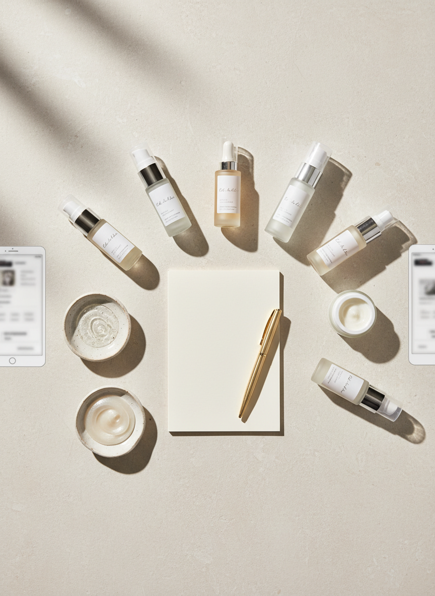 An elegant flat-lay photographic scene representing a 1:1 customized skincare program at a premium Korean aesthetic clinic. On a pale stone surface, a set of carefully labeled-looking but unreadable frosted-glass ampoules, airless pumps, and cream jars in soft white and sand tones are arranged in a gentle arc around a blank, creamy notepad and a fine gold pen. Small ceramic dishes hold glossy, pearlescent skincare textures, from lightweight gel to rich cream. A subtle outline of a tablet and smartphone suggest online booking and social integration, with abstracted interface shapes only. Natural overhead daylight from the top left creates soft shadows and gentle reflections on glass and metal. Shot from directly above with clean, minimalist composition, the atmosphere feels methodical, luxurious, and tailored.