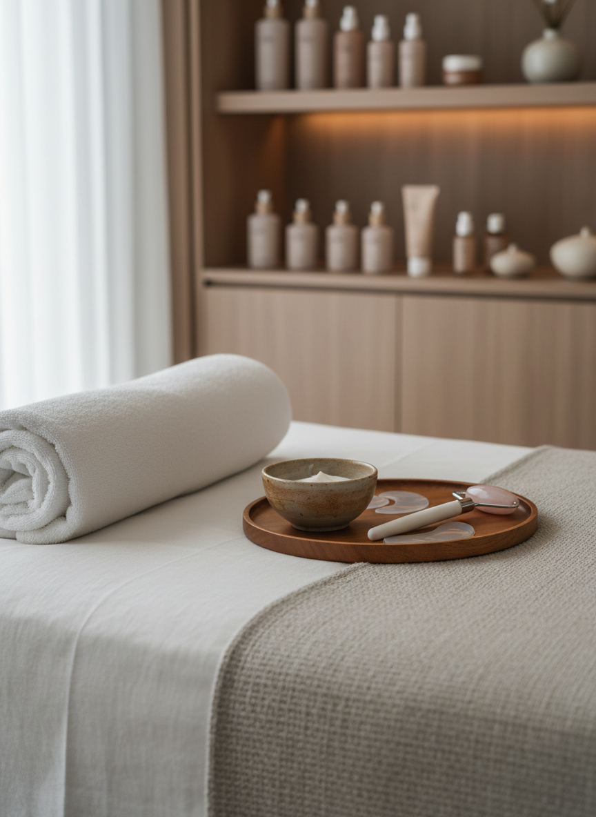 A tranquil treatment setup showcasing the moment just before a premium facial at a Korean aesthetic spa, photographed with serene clarity. On a neatly made treatment bed dressed in crisp white sheets and a light greige throw, a soft rolled towel rests beside a small tray. The tray holds a warm-toned ceramic bowl, a sleek white brush, a cooled rose quartz-like massage tool, and a pair of reusable silicone patches, all arranged precisely. In the background, a blurred built-in cabinet displays neatly ordered skincare products in harmonious neutral tones. Gentle, diffused light comes from an unseen side window, highlighting textures of linen, ceramics, and stone while casting very soft shadows. Shot at a shallow angle from bedside height, with selective focus on the tray, the mood is intimate, comforting, and meticulously professional.