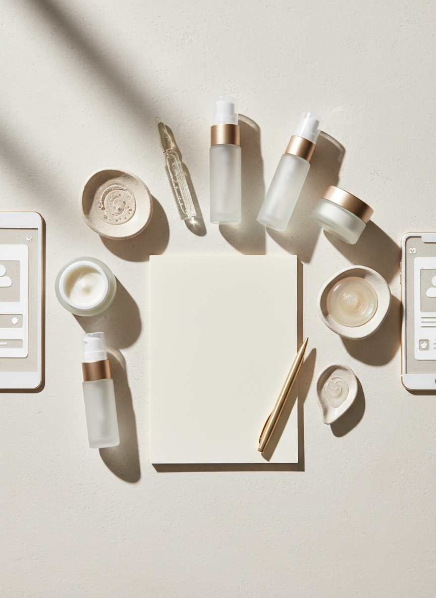 An elegant flat-lay photographic scene representing a 1:1 customized skincare program at a premium Korean aesthetic clinic. On a pale stone surface, a set of carefully labeled-looking but unreadable frosted-glass ampoules, airless pumps, and cream jars in soft white and sand tones are arranged in a gentle arc around a blank, creamy notepad and a fine gold pen. Small ceramic dishes hold glossy, pearlescent skincare textures, from lightweight gel to rich cream. A subtle outline of a tablet and smartphone suggest online booking and social integration, with abstracted interface shapes only. Natural overhead daylight from the top left creates soft shadows and gentle reflections on glass and metal. Shot from directly above with clean, minimalist composition, the atmosphere feels methodical, luxurious, and tailored.