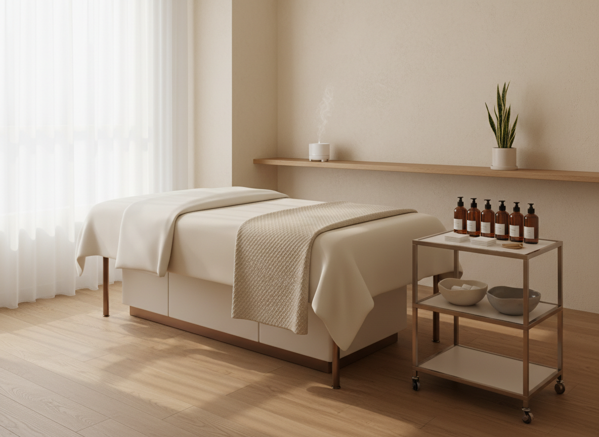 A serene premium skincare treatment room in a Korean aesthetic clinic, photographed in realistic detail. A plush cream-colored treatment bed with crisp white linens sits centered beneath a soft beige blanket, next to a sleek matte-white trolley neatly arranged with amber glass skincare bottles, soft cotton pads, and elegant ceramic bowls. The walls are warm ivory with subtle textured plaster, accented by a single low wooden shelf holding a minimalist diffuser and a small green plant. Diffused natural daylight filters through sheer white curtains, creating gentle highlights on metal accents and soft shadows on the oak floor. Shot at eye level with a slightly wide angle, sharp focus throughout, the mood is calm, refined, and sophisticated, embodying a quiet, luxurious sanctuary for skin balance and restoration.