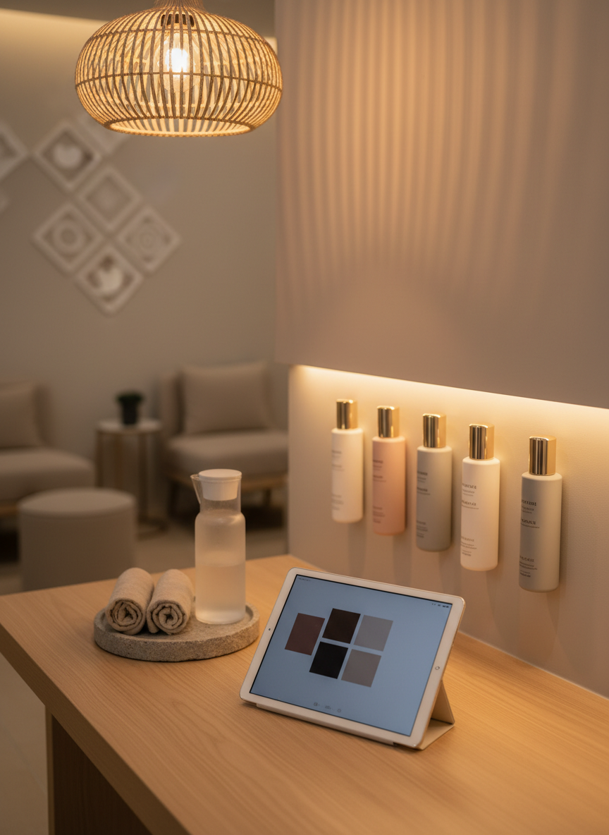 A close-up photographic view of a beautifully arranged skincare consultation corner in a high-end Korean aesthetic spa. A smooth light-wood table holds an open, clean white tablet displaying an abstracted booking interface without readable text, beside a frosted-glass water carafe and a small stone tray with neatly folded beige towels. Elegant skincare bottles in soft neutral tones are lined with precision against a pale taupe wall. Soft overhead pendant lighting casts a warm, diffused glow, while hidden LED strip lighting along the wall creates a subtle halo effect. The background shows a softly blurred glimpse of a clinic interior and a hint of a minimalist social media icon wall, without logos or words. Captured from a slightly elevated angle, shallow depth of field, the atmosphere feels professional yet deeply soothing and personalized.